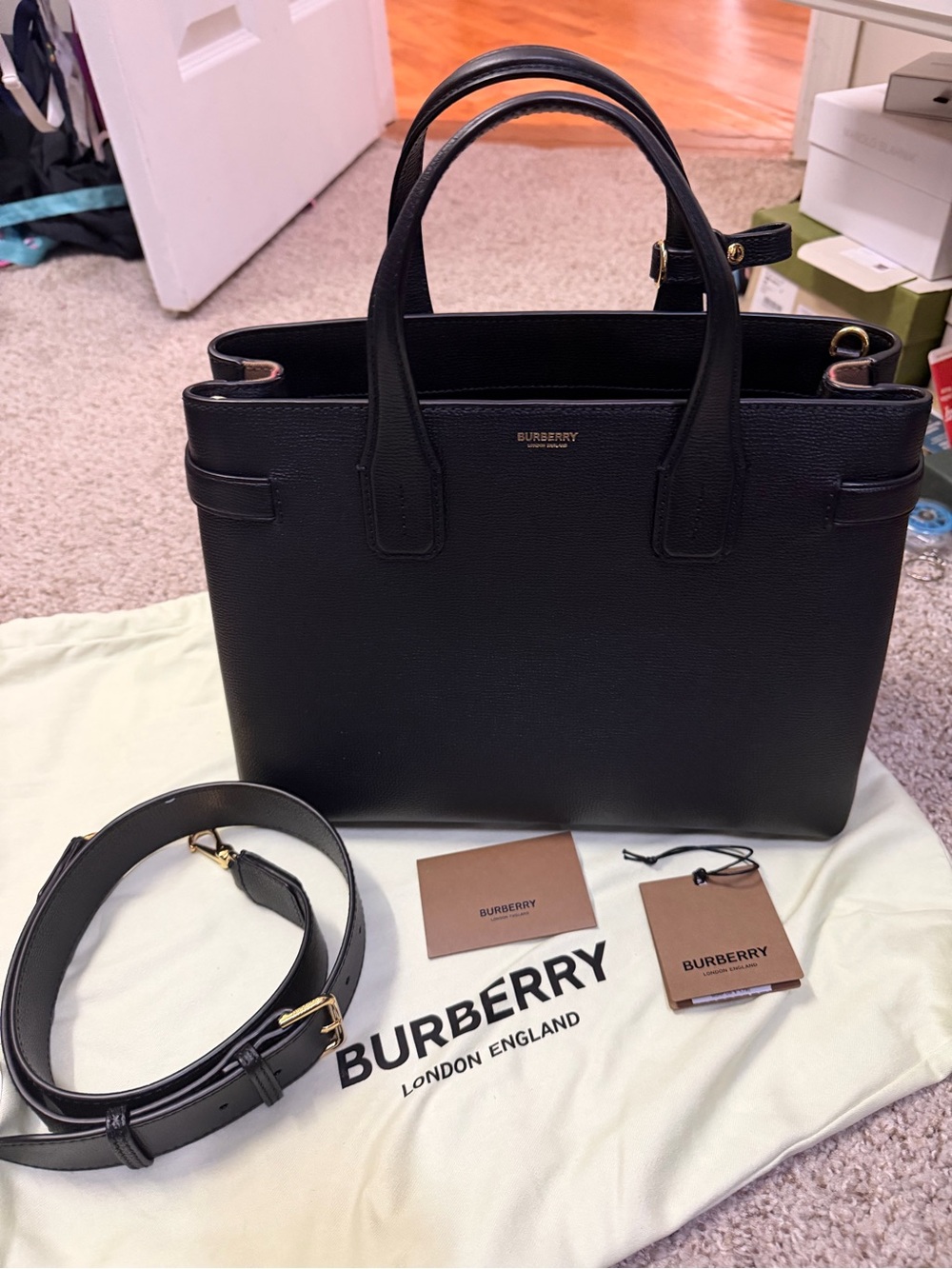 Burberry Black Leather Medium Banner Structured Tote with Gold Hardware